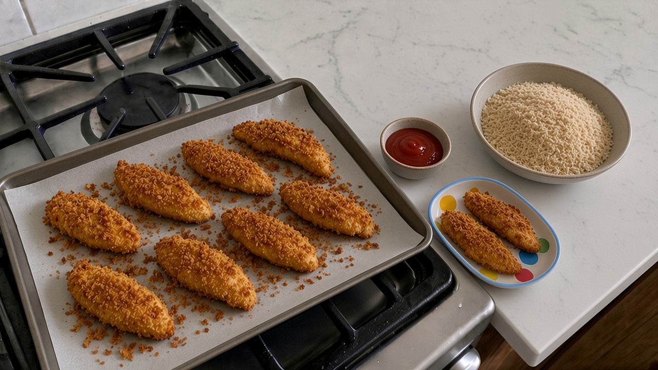 Crispy baked dairy-free chicken tenders on a wire rack