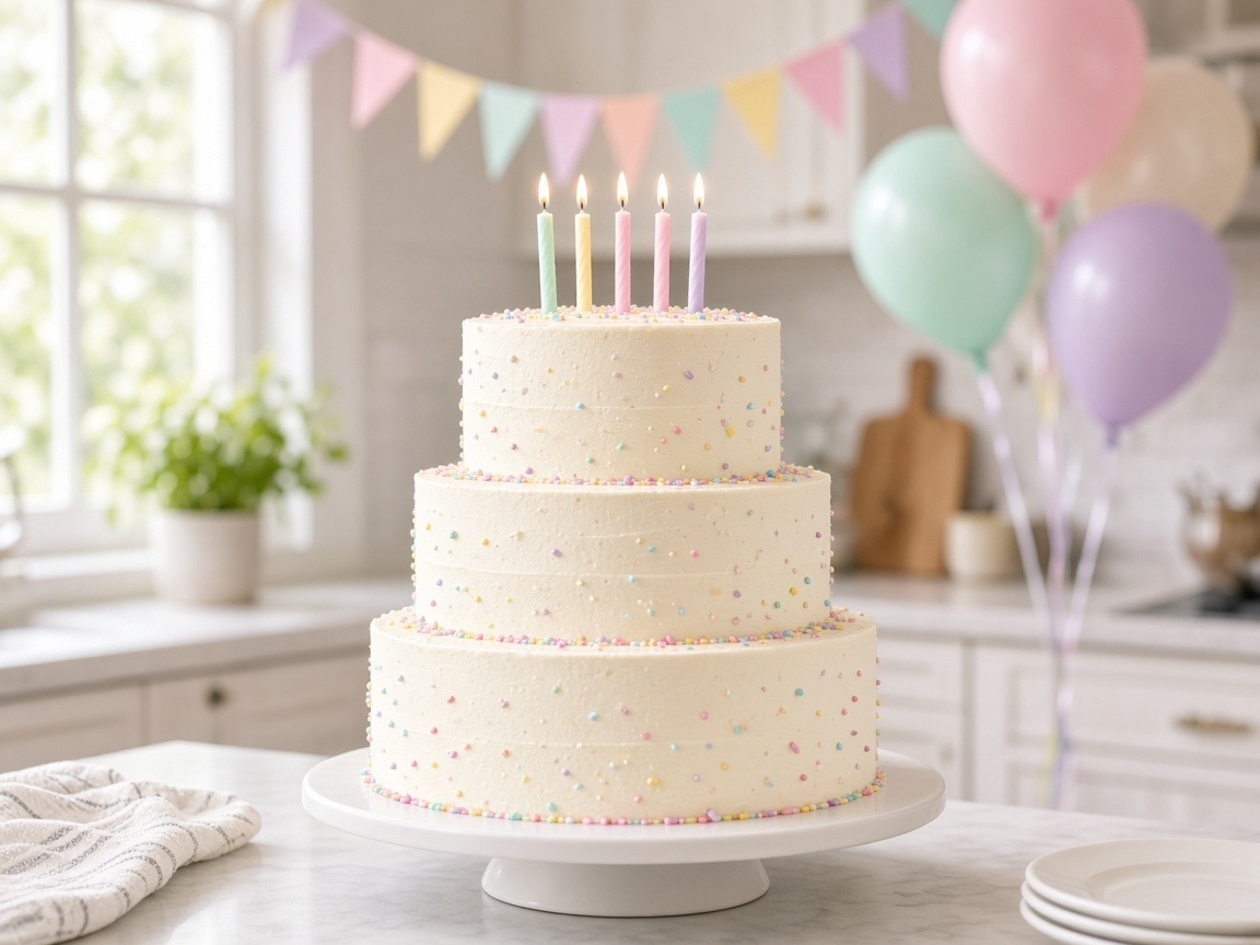 Three-tier white-frosted dairy-free vanilla birthday cake with pastel sprinkles and candles in a bright kitchen