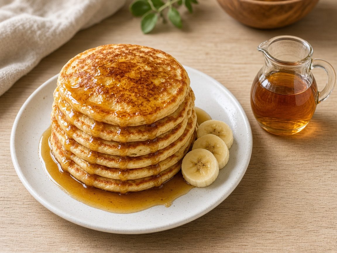 Stack of fluffy egg-free, dairy-free pancakes with maple syrup and banana slices