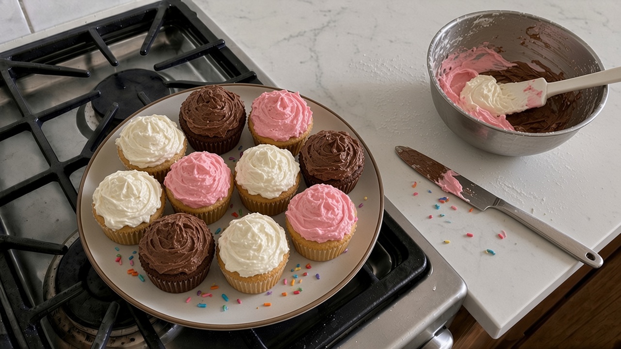 Three vegan frostings made without butter on cupcakes