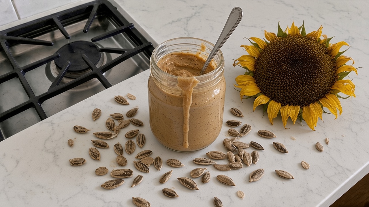 Homemade sunflower seed butter in a glass jar