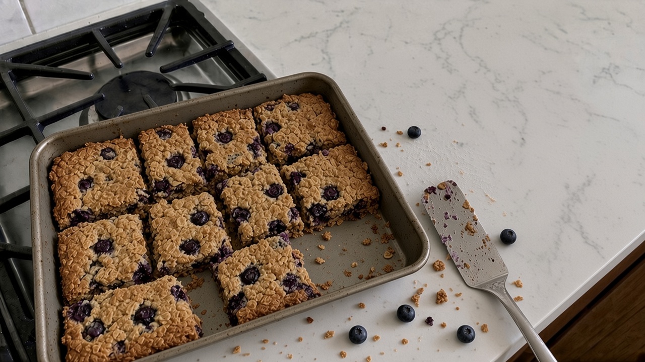Soft blueberry oat bars made with applesauce, stacked on parchment